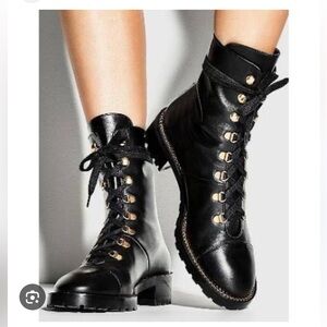 Stuart weitzman kolbie lace up bootie Black Leather with gold chain